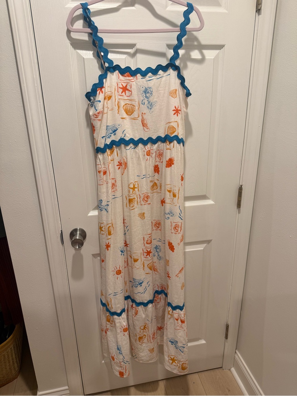 CeCe White Maxi Dress with Orange and Blue Beach Motifs